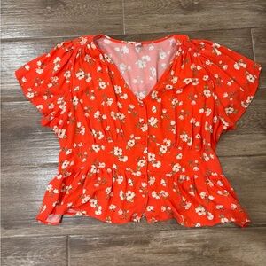Old Navy 2X Orange Floral Short-Sleeve V-Neck Peplum Top with Flutter Sleeves